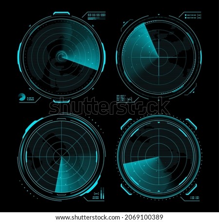 HUD military traffic control, radar or sonar display screen interface. Navigation digital vector monitors with blue neon radar grid, map, target and blip objects, submarine, airplane navigation system