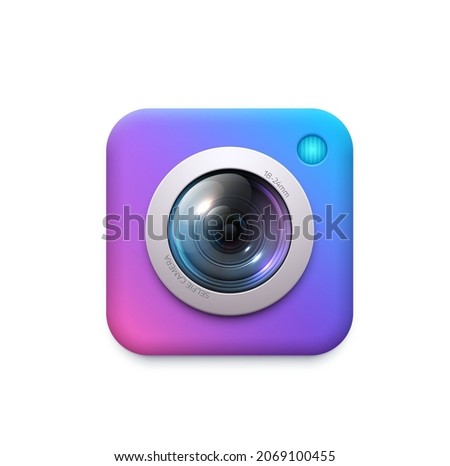 Photo and video camera icon of web and mobile app button. Digital camera lens with flash 3d square vector symbol of ui or gui widget and multimedia application service element