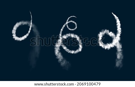 Round condensation airplane chemtrails, trails and contrails. Spaceship or rocket launch trace, realistic vector jet plane or ballistic missile take off spiral path in sky, aircraft flight trail swirl