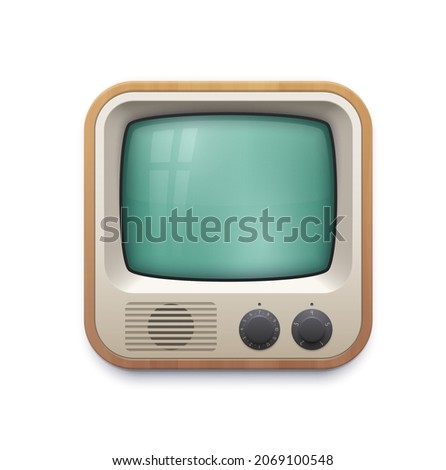 Retro tv screen interface icon of multimedia or television app vector design. Isolated glass monitor of vintage tube tv set with knob buttons and wooden case, 3d button of web application ui or gui