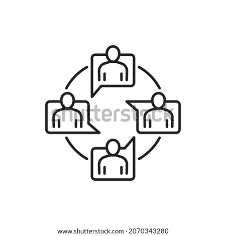 Online meeting chat conference, distance education isolated communicating people thin line icon. Vector distant education, teacher, students. Support center workers, team communication group in circle
