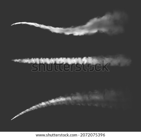 Airplane chemtrails or jet plane smoke trails realistic vector. White contrail clouds of aircraft engine exhaust on transparent background, jet airplane vapor or water condensation traces