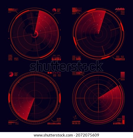 HUD military radar or sonar display of target detection, ui or gui design. Futuristic navigation system vector head up display with red neon radar grids, sight circle, blip signals on black background