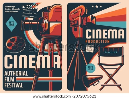 Cinema festival and movie production posters. Movie theatre screenings, video studio vector vintage banners with cinema camera on tripod, film reel and clapper, movie director chair and loudspeaker