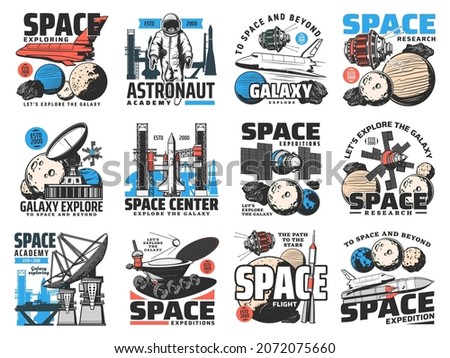 Space exploring expedition, galaxy research retro icons. Radio telescopes, astronaut and shuttle spacecraft, planets and satellites, rover engraved vector. Space academy, flight center emblems set