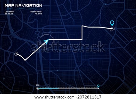City map navigation interface, GPS navigator screen with street roads and location, vector background. City road map screen interface with compass and destination points and traffic route direction Foto d'archivio © 