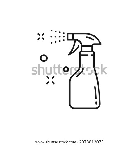 Spray bottle isolated line art icon of sprayer disinfection, cleaner pictogram. Vector antibacterial alcohol agent, sanitizer. Household chemical in outline style. Cleaning, washing and disinfection