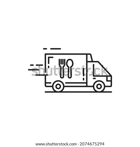 Food delivery truck van isolated flat line art icon. Vector quick express deliver transport, fastfood shipping services and fast online order, linear sign. Hot dinners and lunches shipping services