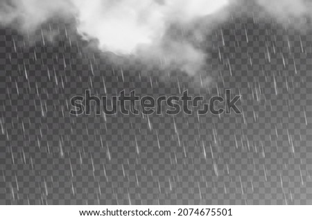 Rain drops and cloudy sky, rainfall on transparent background, vector rainy weather with falling raindrops. Realistic rain water drops and storm sky with clouds and heavy shower effect