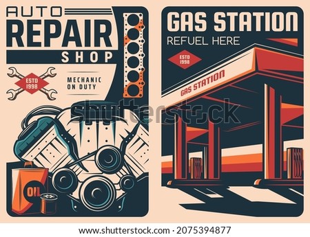 Gas station and car repair retro posters. Auto mechanic workshop, repair garage station and spare parts store vector vintage banner with car engine gasket, oil can and air filter, gas station building