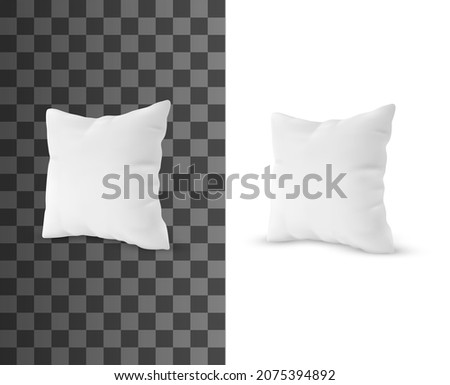 Square pillow realistic vector object. Bedroom sleeping pillow or sofa white cushion pillow with feather, down or synthetic fill and textile, silk pillowcase 3d vector mockup