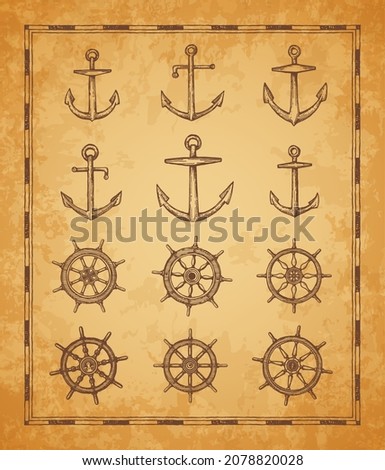 Anchor and helm sketches, vintage antique map vector elements. Old parchment paper with ancient sea ship wheels or sail boat rudders, helms and anchors, nautical navigation, pirates or marine travel