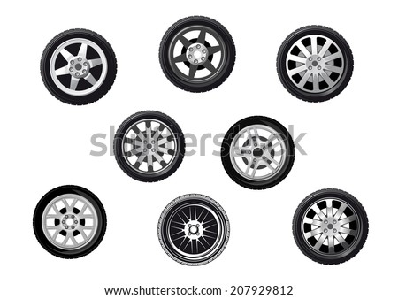 Collection of wheels or tyres with spoked alloy rims and hubs, isolated on white for transportation or service logo design