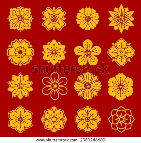 Asian floral chinese, japanese, korean patterns. Oriental geometric flourish vector symbols, isolated flower golden blossoms. Lotus, cherry and chrysanthemum flowers asian graphic decorations set