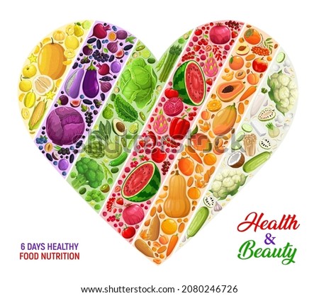 Color diet nutrition, rainbow heart shape with dried and and organic fruits, vegetables, nuts. Vector design for detox program, vegan grocery production, dieting consumption for health and beauty
