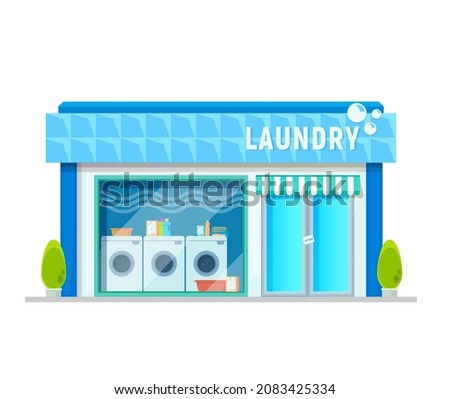 Laundry service building, laundromat or washing shop vector icon. Clothes cleaning room and laundry washing store with washers and dryer machines, business and commercial architecture