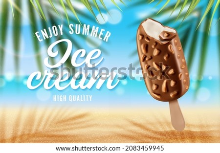 Chocolate ice cream eskimo and summer palm beach poster. Vector ad with realistic 3d bitten off icecream on stick with choco glaze and nuts stuck in sand with palm tree branches on blurred seascape