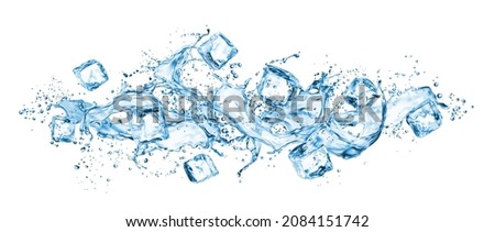 Realistic frozen ice cubes and water wave splashes, kitchen skinali panel background. Ice cubes whirl in liquid blue clear aqua wave, splatters of clean drink swirl pouring with ripples and bubbles