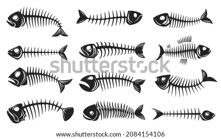 Fish bone icons, fishbone isolated skeleton vector silhouettes. Cartoon dead fish bones of spine tail and head skull of sea herring, barracuda or piranha, marine and nautical symbols
