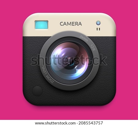 Digital photo camera application icon. Isolated realistic vector social media button. Zoom, snapshot, photocamera graphic element, icon or button of user interface, 3d lens web application