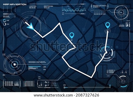 HUD navigation city map screen vector interface with compass, graphs and map points. HUD roadmap with destination route and satellite traffic on city map with directions and tracking dashboard control