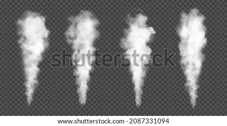 White smoke from fire, mist and steam, fog or smog clouds realistic vector vapour. Aroma or toxic steaming isolated on transparent background. Locomotive engine smoky flow, chemical steam 3d effect