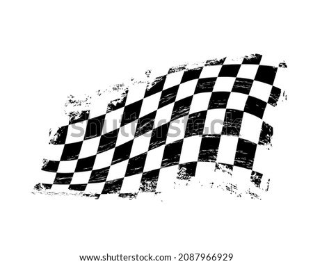 Grunge checkered racing sport flag with scratches, vector. Car race or rally, motorsport, finish and start flag with black and white checkers. Motocross or speedway racing competition banner