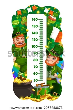 Kids height chart. Cartoon funny leprechauns and gold. Growth meter vector scale wall sticker for children height measurement with irish Saint Patricks day fairytale characters, pot, flag and garlands