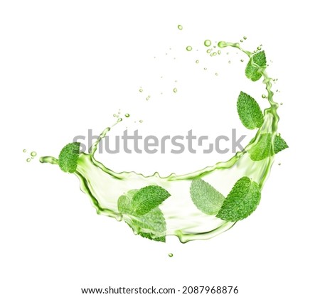 Green herbal tea swirl splash with mint leaves and drops. Menthol, peppermint or matcha realistic vector drink swirl or ripple wave with bubbles and falling splatters, isolated on white