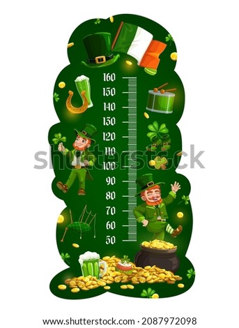 Kids height chart cartoon leprechauns growth measure meter. Funny characters, pot with gold vector wall sticker for child height measurement with irish St. Patricks day fairytale personages and scale