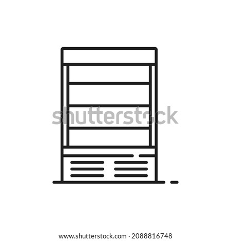 Showcase freezer isolated outline icon. Vector vertical fridge showcase with glass door, modern shop refrigerator. Freeze chest in grocery store, supermarket or cafe, industrial fridge, bar chiller