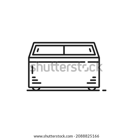 Horizontal freezer fridge in supermarket store isolated outline icon. Vector fridge showcase with glass door for display in grocery store, bar or cafe. Modern shop refrigerator, industrial chiller