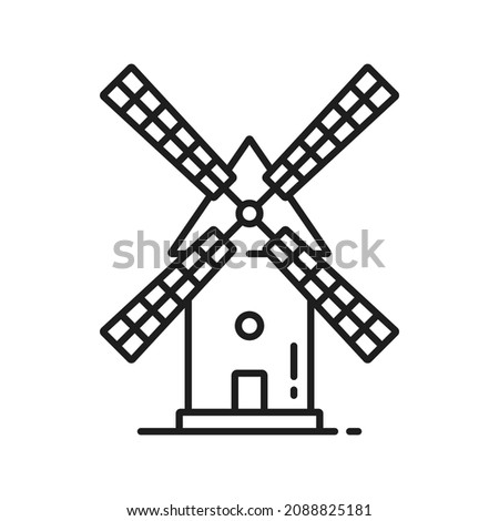 German landmark retro windmill isolated outline icon. Vector rural countryside traditional Dutch stone mill, Netherland wooden windmill, Holland building for millstones grain, flour, bread processing