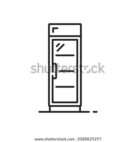 Water drinks freezer with glass door isolated outline icon. Vector vertical fridge showcase with display in grocery store, supermarket or cafe. Modern shop refrigerator, industrial fridge, bar chiller