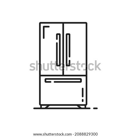 Double fridge, refrigerator with side-by-side door and down shelf freezer isolated outline icon. Vector industrial fridge showcase with three doors. Kitchen home household equipment, house appliance