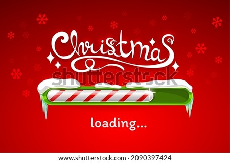 Christmas loading vector progress bar of Xmas candy cane covered with snow and icicles on red background with snowflakes. Realistic candy cane status bar of coming winter holidays, Christmas countdown