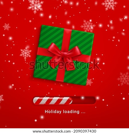 Christmas loading with vector snowflakes and gift box. Realistic Xmas candy cane progress bar with green present box and red ribbon on snowy background, countdown to Christmas holiday, Xmas status bar