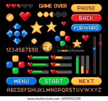 Pixel art 8bit game interface, retro buttons and loading bars, rating and health vector icons. 8 bit pixel game asset for video arcade UI and menu with levels arrows, pause and start buttons