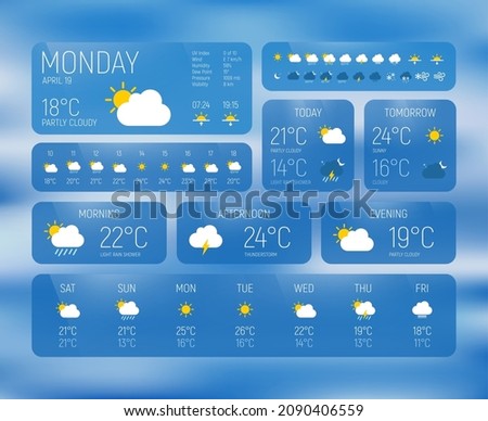Weather forecast and meteorology widget app interface with tables and charts. Weather forecast vector widget for mobile phone screen, UI application template with temperature, snow, sun and rain icons