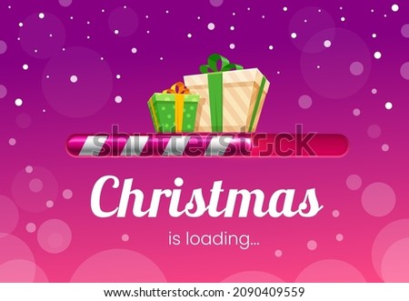 Christmas loading, gifts and candy cane bar realistic vector. Xmas present boxes, winter holidays load progress or status bar in shape of Christmas sweet food candycane on snowy background, Xmas card