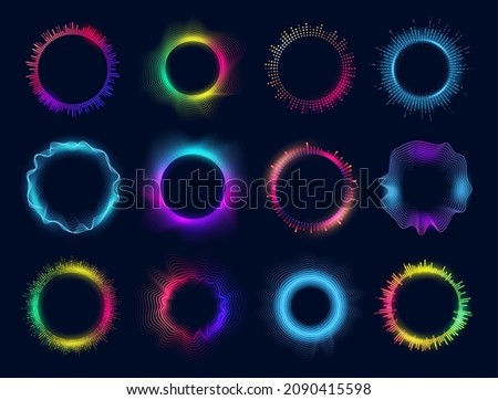Neon circles of sound wave and audio equalizer, vector round glow of music and voice assistant. Voice recognition app soundwave signs, digital communication and soundwave virtual controls