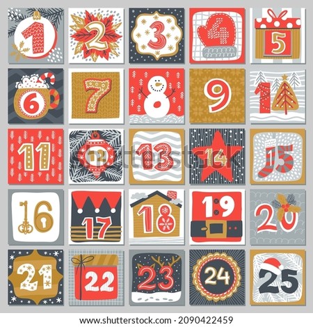 Advent calendar of Christmas or Xmas winter holiday. Vector countdown to Christmas with numbers, Santa gifts, Xmas tree decorations and snowman, reindeer, present box, snow and house, hand drawn cards