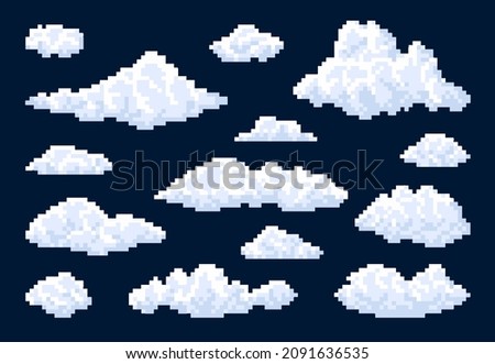 White isolated fluffy bubble pixel clouds in blue sky, vector 8bit pixel art game icons. Cartoon 8 bit space background with clouds landscape elements, cubic retro 2d game asset