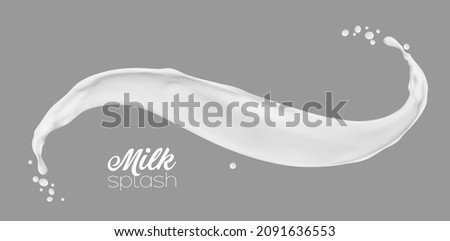 Milk, yogurt or cream isolated white wave splash with drops, vector milky drink splatter swirl. Dairy yogurt pr milk spill flow, realistic 3d background with flowing or pouring yoghurt or milkshake