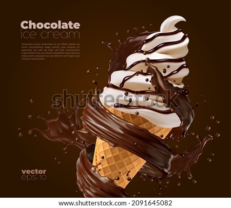 Chocolate soft serve ice cream with choco splash and swirls. Vector poster with realistic icecream in waffle cone and splashing brown sauce. Sweet creamy dessert, dairy frozen sweety food