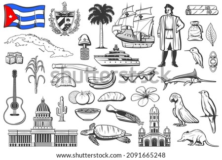 Cuba national symbols, cuisine and nature engraved icons set. Cuban flag and Coat of Arms, capitol building and island map, Christopher Columbus ship, fruits and animals, cigars cutter, machete vector