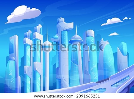 City of the future, futuristic cityscape. Fantasy skyscraper and tower blue glass buildings, metropolis. Vector skyline with road under cloudy sky, urban downtown landscape cartoon background