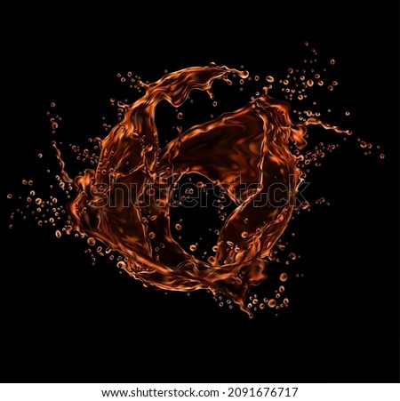 Cola drink or whiskey splash swirl. Soda beverage or alcohol wave flow, vector background. Splashing pour of cola or whiskey and rum with drops splatter, 3D realistic pouring liquid in whirl