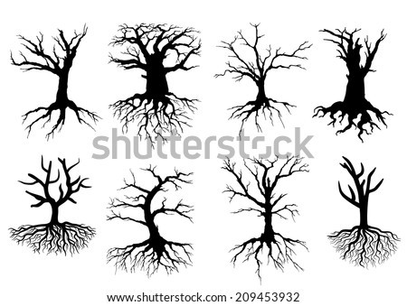 Black bare tree silhouettes with roots isolated over white background, suitable for ecology, logo and environment design