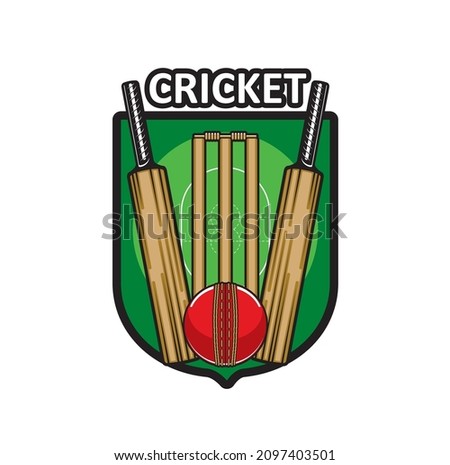 Cricket game icon with sport items. Cricket bats, ball and wood wicket, stumps and bails with green play field on heraldic vector shield, sport club or championship match isolated icon